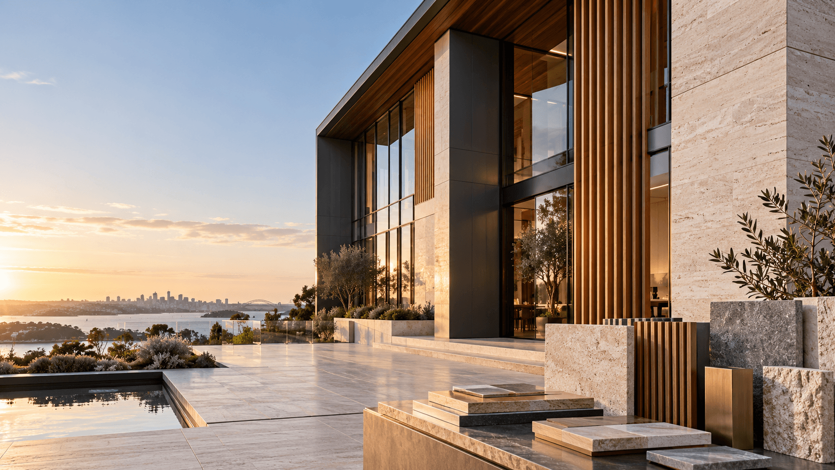 Premium building exterior using coordinated stone, glass and timber materials