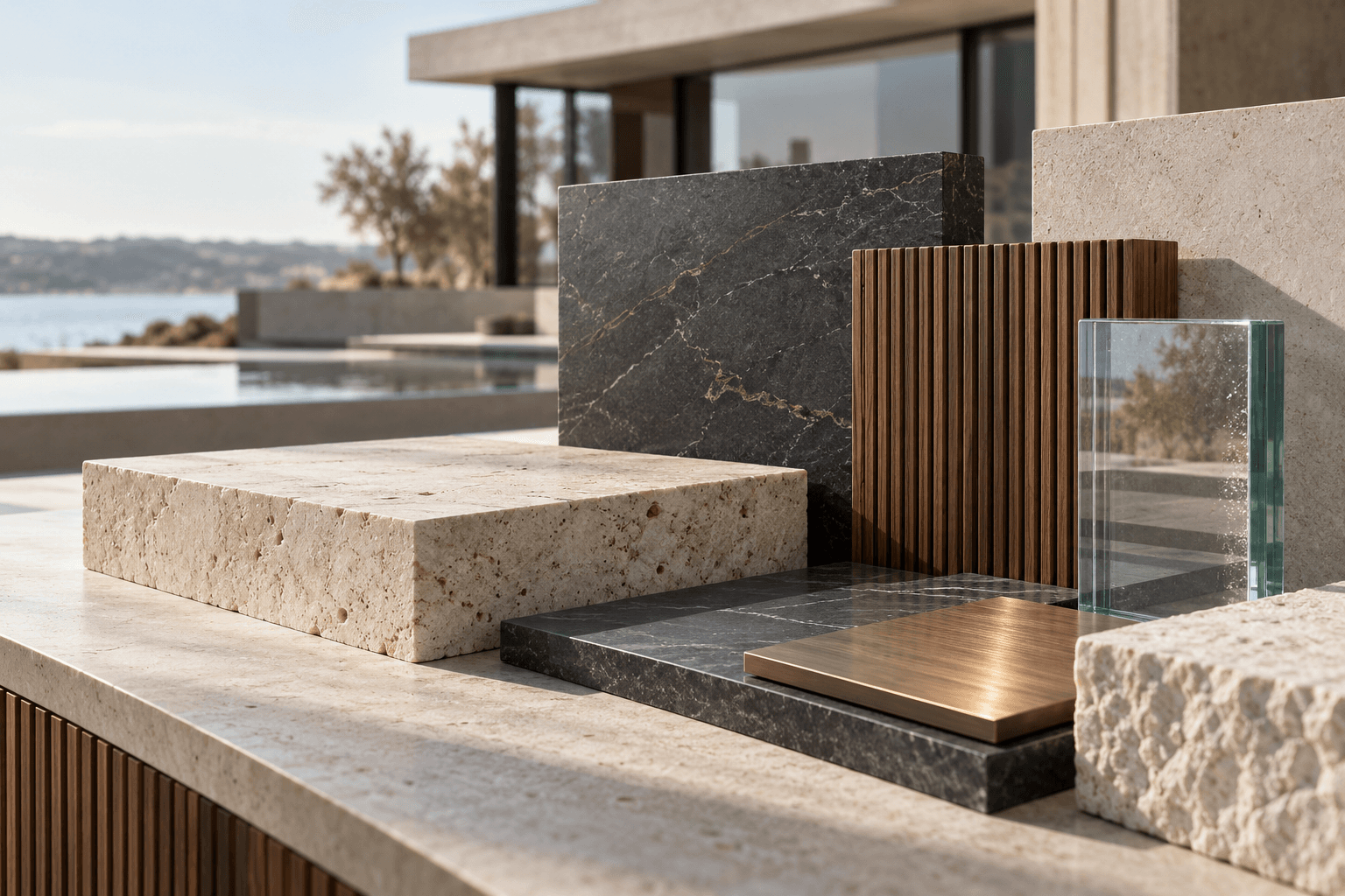 Premium architectural material samples arranged in natural light